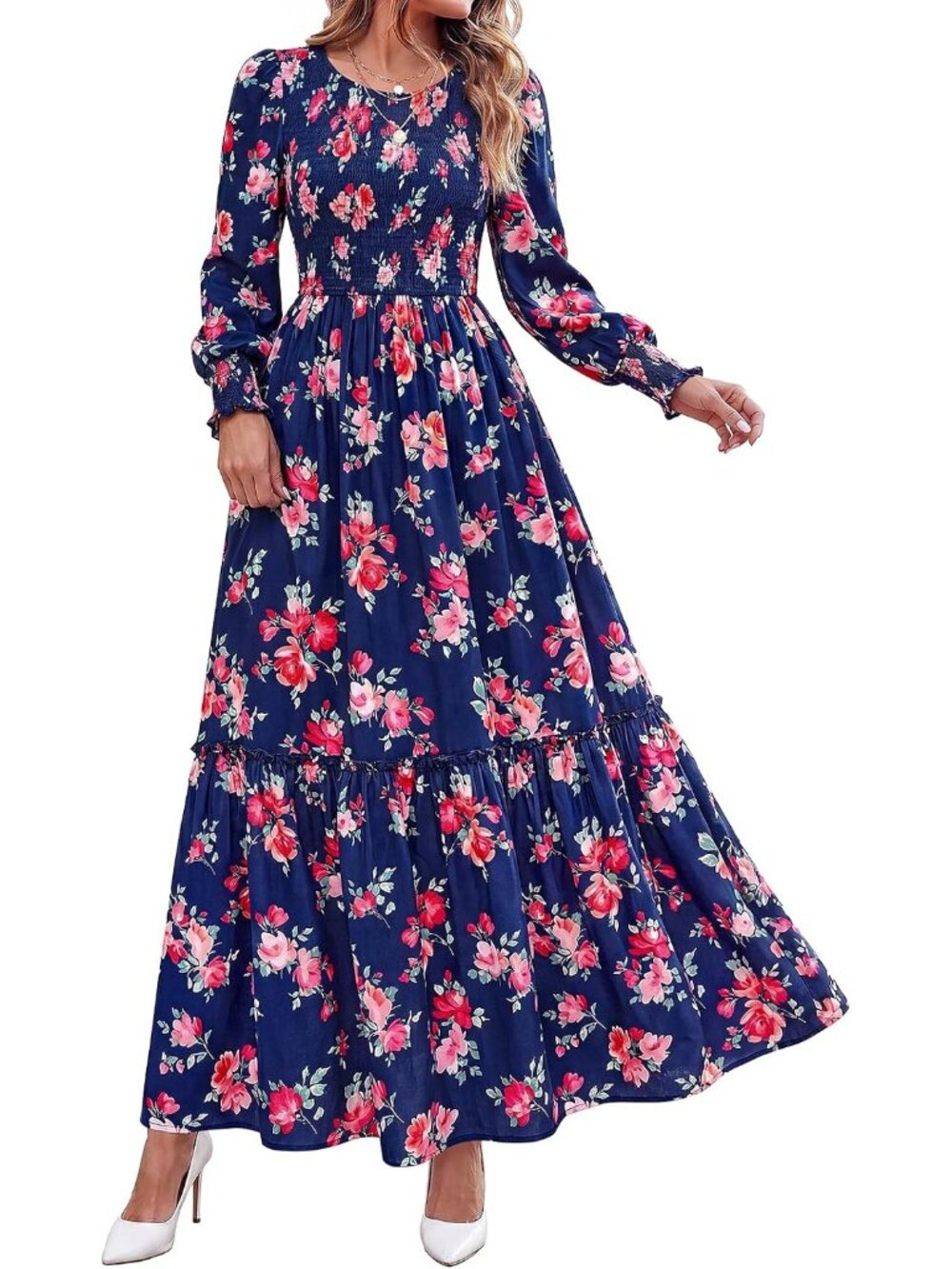 Women's Navy Red Long Sleeve Floral A Line Casual Fall Dresses With Pockets